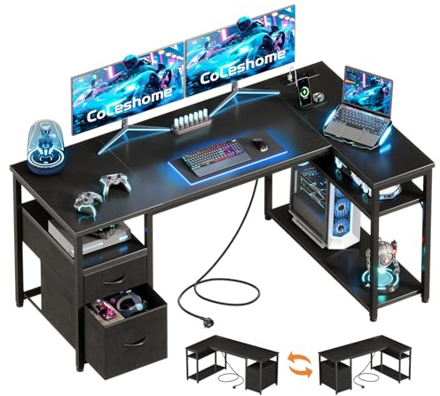 Coleshome Bureau d'angle avec Tiroirs en Tissu, 140x80cm, Noir | Bureau Gaming Réversible avec étagère réglable, tiroirs tissu et prises USB pour créer un espace gaming ou bureau organisé.