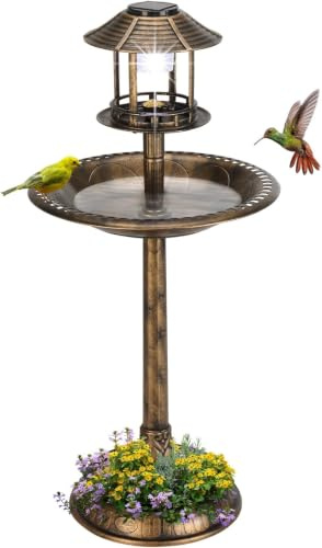 BreezTerra Mangeoire Oiseaux Exterieur, Bain d'oiseaux 3 en 1 Énergie Solaire, Support Remplissable, pour Jardins et terrasses extérieurs, 51 x 51 x 106 cm, Laiton