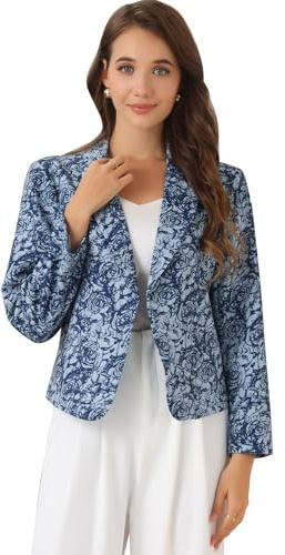 Allegra K Donna Giacca Blazer Base Stampato Floreale Manica Lunga Apertura Frontale Blu-Floreale M