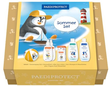 PAEDIPROTECT set estivo per neonati e bambini prodotti per la protezione solare e la cura della pelle, incl. 2x crema solare marina, 1x crema solare per il viso, 1x shampoo e lozione 2in1, 1x lozione