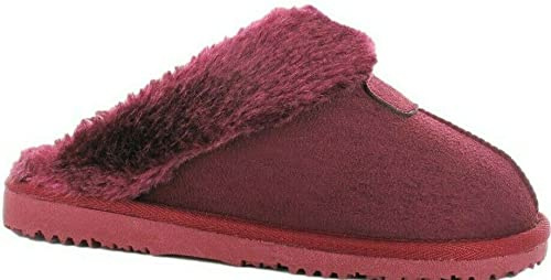 Ella Shoes Women's Jill Faux Sheepskin Look Fur Lined Memory Foam Mule Slippers (6 UK, Burgundy)