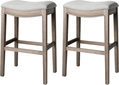 Maven Lane Adrien 79 cm Bar Height Upholstered Backless Saddle Barstool in Reclaimed Oak Finish with Ash Grey Fabric Cushion Seat, Set of 2