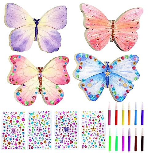 40 stycken pysselset för barn, fjärilsträ med akvarellpenna och ädelstensklistermärken, presentidéer för flickor leksaker, pyssel barnfödelsedag för gör-det-själv födelsedag hantverk hantverk barn