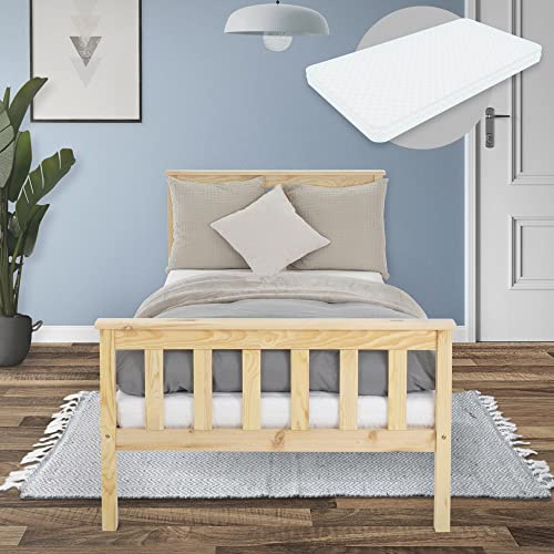 ML-Design Letto Singolo in Legno di Pino Massiccio 90 x 200 cm Colore Naturale, con Telaio Rete a Doghe Testiera e Pediera, Lettino per Ragazzi, Giroletto con Materasso da 16 cm in Schiuma Fredda