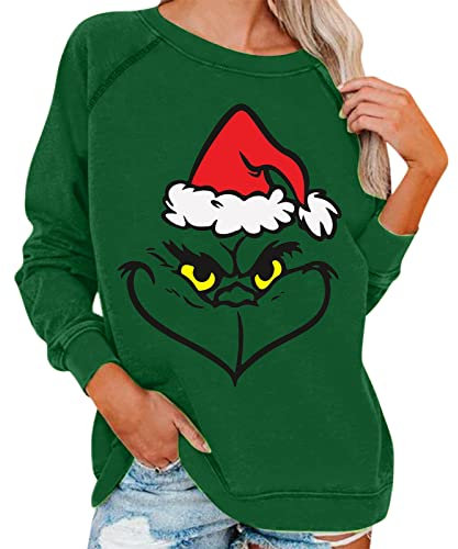 grinch kostüm damen Weihnachten Grinches Sweatshirt, Kreativer Weihnachts Pullover Langarm Frauen Sweatshirt Weihnachten Hoodie Neuheit Damen Rundhalsausschnitt Lässig Herbst Pullover Mode Locker