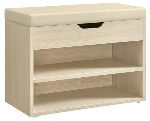 VASAGLE Shoe Bench with Cushion, 3 Compartments, 60 x 30 x 44 cm