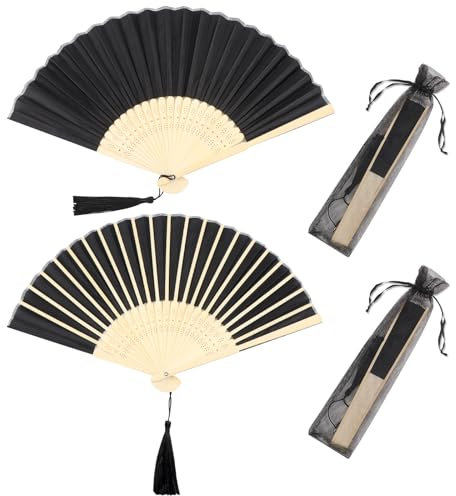 TSKDKIT 2 Stück HandfäCher Faltbare FäCher Schwarz, Fächer Hochzeit Dekoration Chinesische Fächer Klappfächer für gastgeschenke hochzeit, Tanzrequisiten, Fotografie, Sommer Party(Schwarz,38 cm)