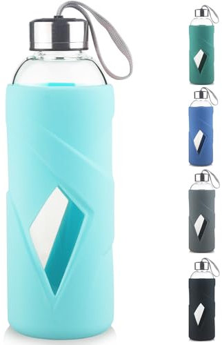 SHOW INGENUITY 32 OZ Borosilicate Glass Water Bottle BPA Free Reusable Glass Drinking Bottle with Silicone Sleeve and Stainless Steel Lid