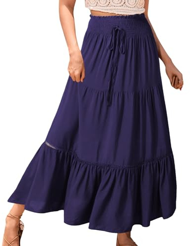 Genfien Dam plisserad retro maxikjol 2 i 1 elegant elastisk midja A-linje bohemisk lös strandklänning semester sommar casual, Marinblå enfärgad, one size