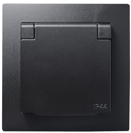 Presa con contatto di protezione IP44 + cornice | FLAIR | 250V~/16A, presa da incasso a muro con coperchio ribaltabile, protezione contro gli spruzzi d'acqua, collegamento a spina, nero opaco
