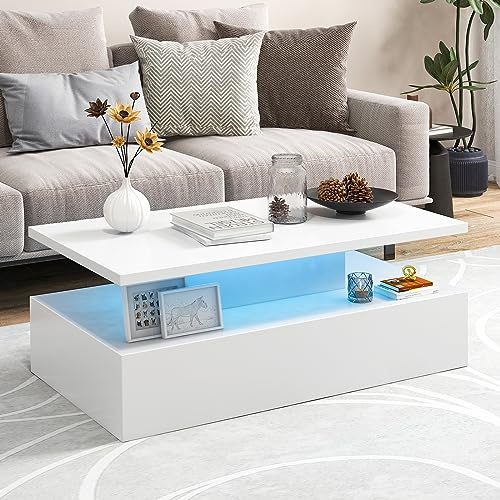GOPLUS Mesa de Centro Con Luces LED, 2 Niveles, 19 Modos, 20 Colores, 8 Velocidades y Brillos Ajustables, Mando a Distancia, Rectangular, 110 x 60 x 40 cm (Blanco)