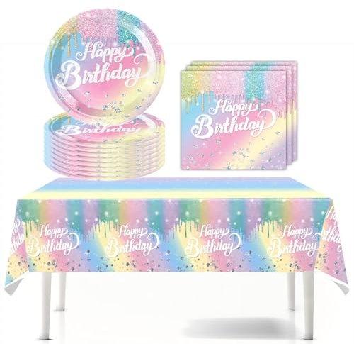 Regenbogen Partygeschirr, Macaron Regenbogen Diamant Pappteller Set Pappteller, Geburtstag Deko Set, Partydekoration Geschirr Party Supplies Set (Verlauf)