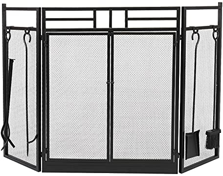 KHYTEBV Pare-feu de cheminée Pare-feu de cheminée à Double Porte en Treillis métallique à Trois Volets 122 x 80 x 1 cm avec Couvercle pour Outils