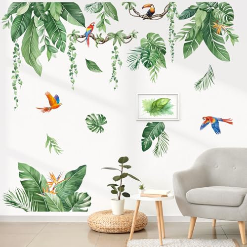 decalmile Stickers Muraux Feuilles Tropicales Vertes Autocollant Mural Plantes Verte Feuilles Pendaison Vigne Oiseaux Décoration Murale Chambre Salon Bureau
