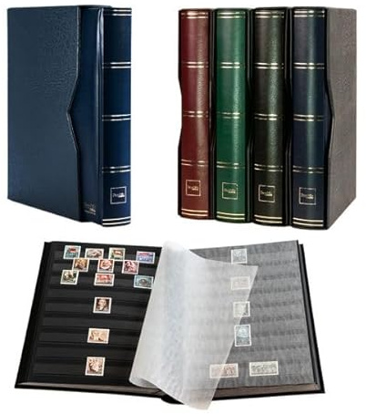 Prophila Collection 64 Schwarze Seiten Briefmarkenalbum wattiert mit Kassette Blauer Einband