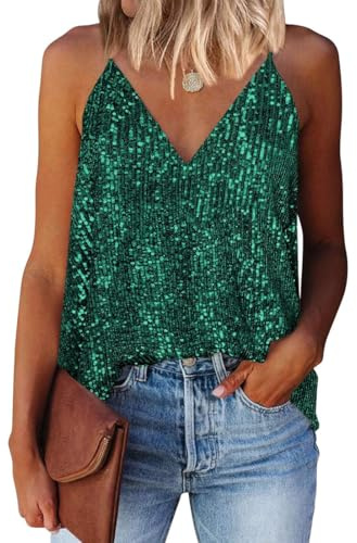 EUDOLAH Mujer Lentejuelas Top Cuello V Sin Mangas Verano Halter Chaleco Casual Suelto Moda Playa Fiesta(Verde Oscuro,XXL)