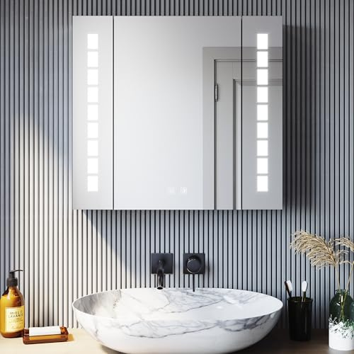 SONNI LED spegelskåp badrum och uttag 60 x 65 cm, spegelskåp i aluminium med touch-brytare, 3 ljusfärger defogging, trådlös gångjärnsdesign badrum medicinskåp