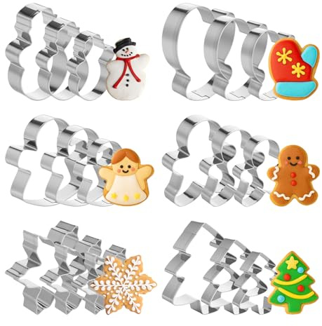 18-Piece Christmas Cookie Cutter Set, Stainless Steel Winter Cookie Cutters with 6 Shapes Christmas Tree, Snowflake, Snowman, Gingerbread Man, Gingerbread Girl, Mitten for Winter Holiday Baking