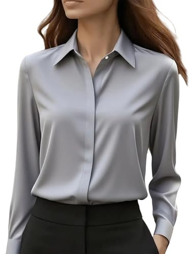 Camisas con botones para mujer, resistentes a las arrugas, camisas de vestir para mujer, de manga larga para el trabajo, blusas formales, tops, camisa de mujer, sudadera, gris, S