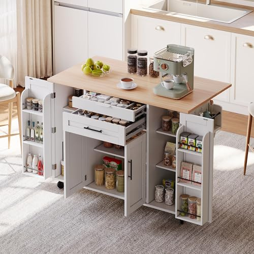 Oslghy Isla De Cocina Móvil con Ruedas, Carro de Cocina con Mesa de Comedor Extensible, Mueble Auxiliar de Cocina con Estante Ajustable, Rejilla para Condimentos y Toalleros, 136x45-70x92cm (Blanco)