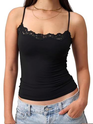 Lshyuehao Women Y2k Lace Trim Cami Tops Sleeveless Spaghetti Strap Crop Tank Tops Summer Going Out Camisoles Strap Basic Tops