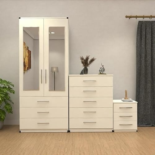 Fully Assembled Bedroom Furniture Set, 2 Door Wardrobe with Mirror, 5 Drawer Chest, Bedside Table, On Wheels (White)