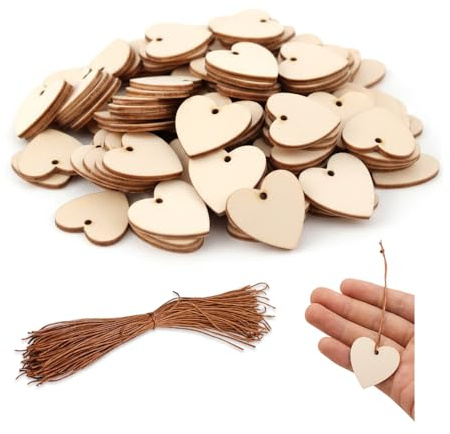 HMCEY 100 PCS Corazones de Madera,Corazon Madera Manualidades con 10 M Cuerda,Discos Madera para Escribir con Agujero,Rodajas de Madera Natural para Pintar para Decoración, Graffiti, Artesanías DIY