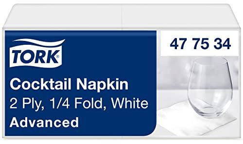 Tork Cocktailservietten Weiß, 1/4-Falz, 2-lagig, 24 cm × 24 cm, 200 Servietten, 477534