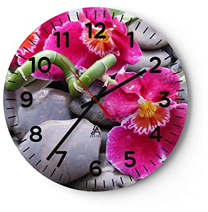 Modern Wanduhr Asiatisch Bambus Orchidee Steine 30x30cm Rund Klein Wand Uhr Glas Analog Zimmeruhren Küche Büro Wohnzimmer Glasuhr Wall Clock Dekoration Design Wanddekoration Küchenuhr C4AR30x30-0465