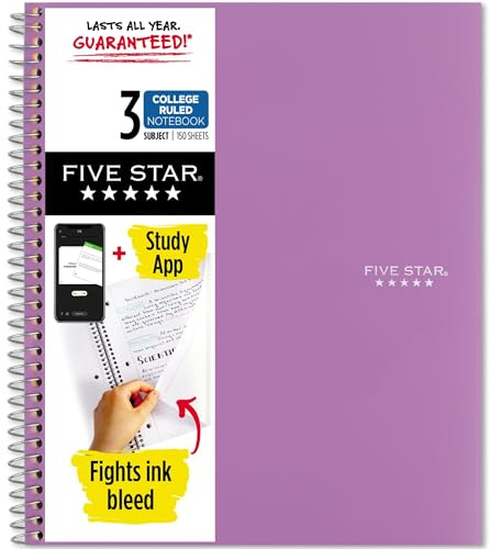Five Star Spiral Notebook + Study App, 3 Subject, College Ruled Paper, 8-1/2 x 11, 150 Sheets, Fights Ink Bleed, Water Resistant Cover, Amethyst Purple (38746)