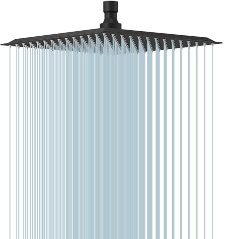 BESy 10 Inch Rain Shower Head, 10 Square Rainfall & High Pressure Stainless Steel Bath Showerhead, 1/16 Ultra Thin, Waterfall Full Body Coverage with Silicone Nozzle, Matte Black Finish