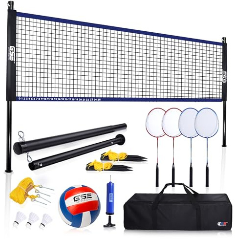 GSE Games & Sports Expert Outdoor Portable Badminton/Volleyball Complete Set with Net System, 4 Badminton Paddles, 3 Shuttlecocks, Volleyball, Boundary Line. Great for Backyards, Parks, Beach, Lawn