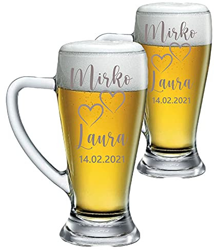 Colorfamily Coppia Boccali da birra Personalizzati Set da 2 Boccali da birra personalizzati con nome e data matrimonio fidanzamento - bicchiere in vetro 38 cl