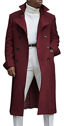 Ebifin Men's Notch Lapel Double Breasted Long Trench Coat Casual Cotton Blend Peacoat