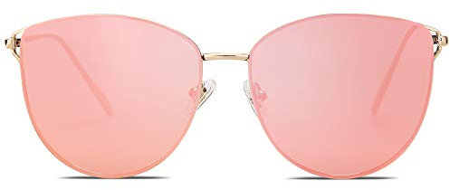 SOJOS Retro Runde Katzenaugen Sonnenbrille Mirrored Metall Flach Linsen SJ1085 Gold Rahmen/Dunkelrosa Linse