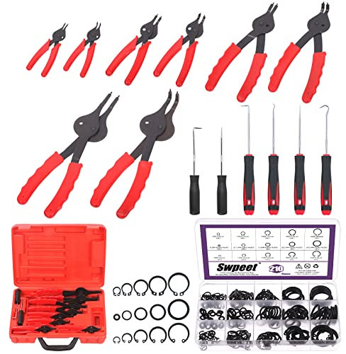 Swpeet 225Pcs jeu de pince à anneaux pression, pinces à anneaux de retenue droite et pliée avec cas, 5 taille interne Circlip anneaux de retenue ensemble avec crochet de rondelle en caoutchouc & Pick