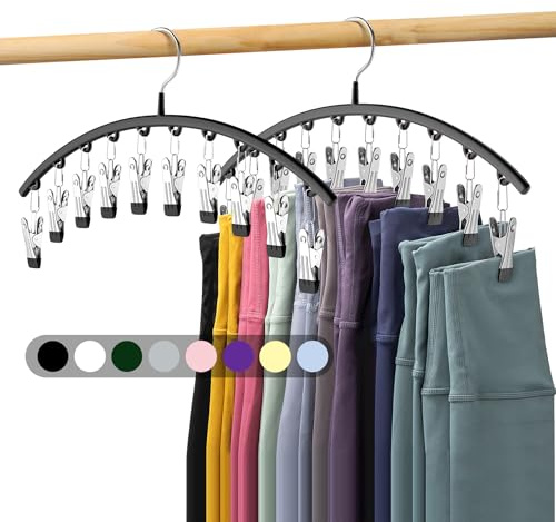 Volnamal Legging Organizer for Closet, 2 Pack Metal Yoga Pants Hangers w/10 Clips Holds 20 Leggings, Space Saving Hanging Closet Organizer w/Rubber Coated Closet Organizers and Storage, Black