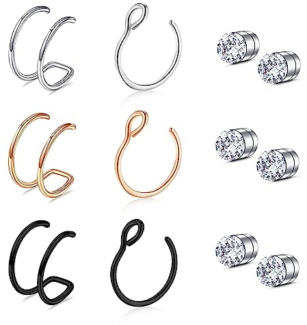 Kucheed 12 Pezzi Anelli al Naso Finti, Borchie Magnetiche per il Naso Cerchio Doppio Falso Piercing al Naso,Falso Setto Anelli Falso Naso Piercing Naso Finto Cerchio Orecchini Finti Gioielli