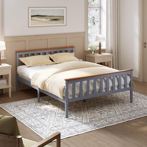 ELEGANT Double Solid Wood Bed Frame with Slatted Headboard 4ft6, 137x190cm | Grey Wooden Bed Frame with Underbed Storage, Bedroom Furniture for Adults, Teenagers or Kids Available