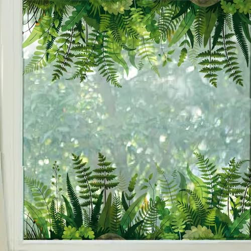 GORGECRAFT Fern Window Sticker Pteridophyte Green Leaves Large Static Window Clings Reusable Anti Collision Non-Adhesive Window Decal to Prevent Birds Strikes for Home Room Sliding Glass Door 38x116cm