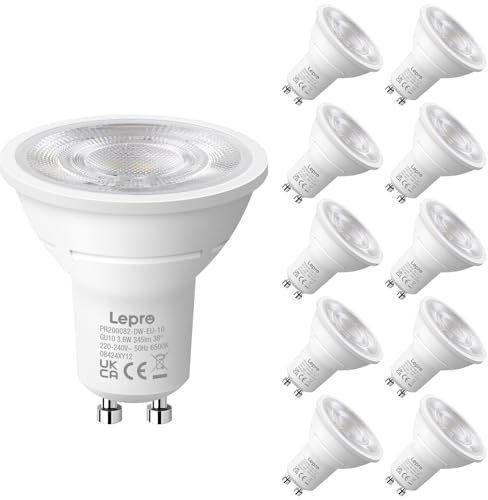 Lepro GU10 LED Spotlight Bulbs 3.6W, Cool White 6500K, 345lm, 50W Halogen Spot Light Bulbs Equivalent, Energy Saving GU10 Daylight Bulbs, No Flickering, Non-dimmable, Pack of 10