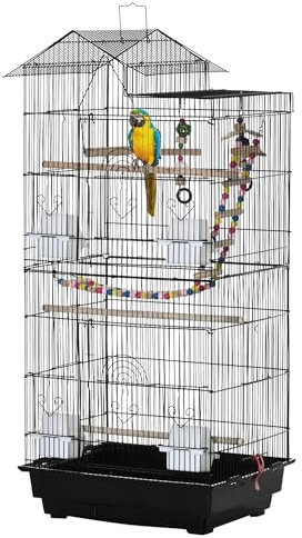 PawHut Gabbia per Uccelli con Vassoio Rimovibile e Posatoi, Gabbietta per Uccelli con Scaletta, Altalena, Ciotole e Giochi in PP, Acciaio e Legno, 46x36x100cm, Nera