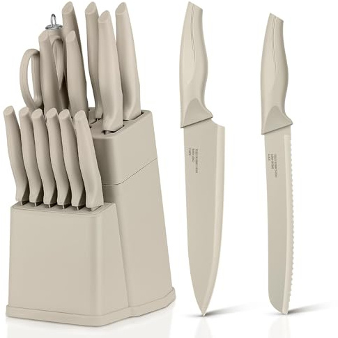 Herogo Bloque de cuchillos con 15 cuchillos y afilador de acero, juego de cuchillos de cocina de acero inoxidable de alta calidad, con alto contenido de carbono, cuchillo de carne dentado