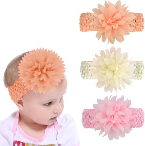 GGUFAY 3 Pièces Bébé Fille Bandeaux,Fleur Élastique Bande De Cheveux Accessoires, Nylon Floral Elastique Nouveau-Né Arc Torsion,pour Nourrissons Tout-petits Nouveau-nés