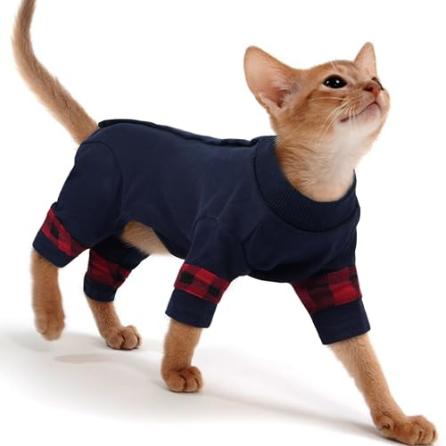 PUMYPOREITY Cat Shirt with Rear Snap Closure, Stretchable Cat Sweater, Comfort Pajamas Post-Bath, Recovery Suit - Full Coverage for Wound Care, Kitten Onesie - Machine Washable, S, Blue