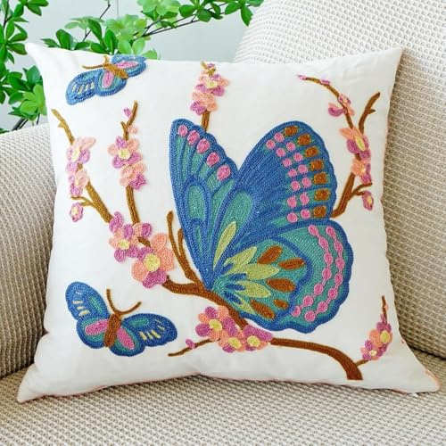 Floral Housse De Coussin 45x45 Cm, Taie Oreiller Brodées, Taie d'oreiller Élégante Moderne, Décoratif(Butterfly,18 x 18 (Pack of 1))