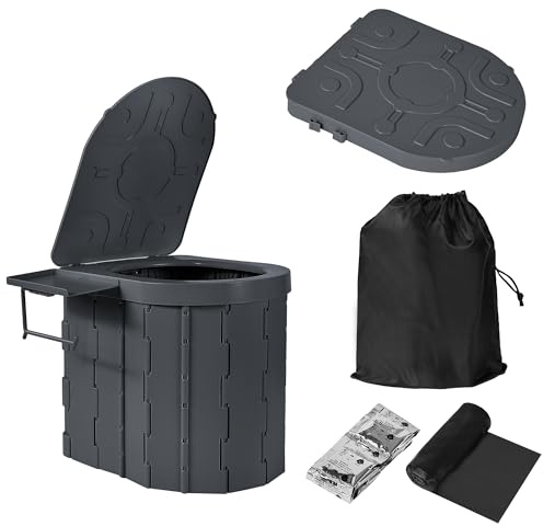 Inodoro plegable con tapa y bolsa – Inodoro portátil al aire libre para camping, viajes, pesca y emergencias – Estable, ligero, compacto – Incluye 12 bolsas de basura, 12 agentes de endurecimiento