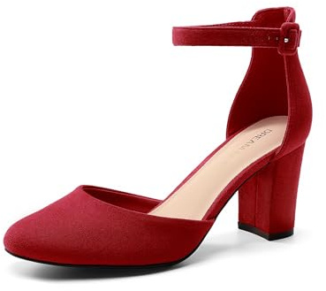 DREAM PAIRS Women's Closed Toe Chunky Heels Ankle Strap Low Block Heels Round Toe Dress Bridal Wedding Pumps Shoes,Size 8,Red,DWUMPU2535
