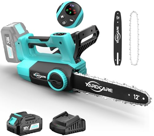YARDCARE motosierra a batería 12, motor sin escobillas 1200W, batería 4 Ah, indicador LED, tensado de cadena sin herramientas, engrase automático, protección antirretroceso, velocidad de corte 15 m/s