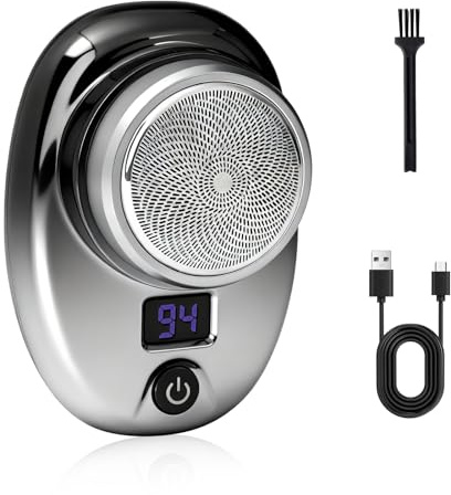 Mini Rasierer Herren Elektrisch, 6-Klingen Trockenrasierer mit LED-Akku-Anzeige, Rotationsrasierer Tragbarer mit Reinigungsbürste, USB-Aufladbar, Ideal für Reisen, Auto, Büro & Urlaub